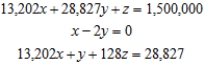 <strong>Formulate but do not solve the problem. The management of Hartman Rent-A-Car has allocated $1.5 million to buy a fleet of new automobiles consisting of compact, intermediate-size, and full size cars. Compacts cost $13,202 each, intermediate-size cars cost $28,827 each, and full-size cars cost $36,854 each. If Hartman purchases twice as many compacts as intermediate-size cars and the total number of cars to be purchased is 128, determine how many cars of each type will be purchased.(Assume that the entire budget will be used.) Let x be the number of compact, y be the number of intermediate-size cars, z be the number of full-size cars.</strong> A) B) C) D) E)