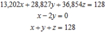 <strong>Formulate but do not solve the problem. The management of Hartman Rent-A-Car has allocated $1.5 million to buy a fleet of new automobiles consisting of compact, intermediate-size, and full size cars. Compacts cost $13,202 each, intermediate-size cars cost $28,827 each, and full-size cars cost $36,854 each. If Hartman purchases twice as many compacts as intermediate-size cars and the total number of cars to be purchased is 128, determine how many cars of each type will be purchased.(Assume that the entire budget will be used.) Let x be the number of compact, y be the number of intermediate-size cars, z be the number of full-size cars.</strong> A) B) C) D) E)
