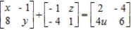 Solve for u, x, y, and z in the matrix equation.  