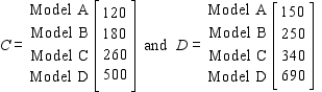 The total output of loudspeaker systems of the Acrosonic Company in their three production facilities for May and June is given by the matrices A and B, respectively, where The unit production costs and selling prices for these loudspeakers are given by matrices C and D, respectively, where Calculate .