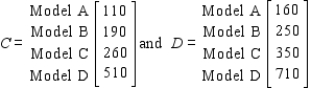 The total output of loudspeaker systems of the Acrosonic Company in their three production facilities for May and June is given by the matrices A and B, respectively, where The unit production costs and selling prices for these loudspeakers are given by matrices C and D, respectively, where Calculate (A + B)(D - C).