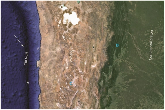 <strong>Refer to the figure below,captured from Google Earth,for the following questions. This mountain belt would be called ________.</strong> A)a collisional mountain belt B)a terrane accretion mountain belt C)an Andrean mountain belt D)fault block mountains