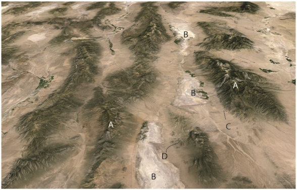 Use this figure for the following questions: The figure above is an oblique Google earth image from southwestern North America looking approximately north.The view is approximately 50km across.The area is a classic area of normal faulting. -Topographic basins like the areas labeled B in this figure are called ________.