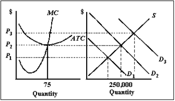 <strong>Exhibit 9-1 Refer to Exhibit 9-1. If the market demand curve is D<sub>3</sub>, what happens over time?</strong> A) Some existing firms increase capital input. B) Firm exit occurs. C) Some existing firms decrease labor input. D) Market price decreases. E) Most firms do nothing.