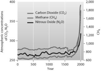 According to this graph of changes in Earth's atmosphere, which change took place between the years 1800 and 2000?