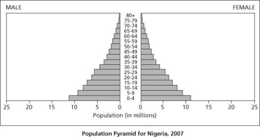 An African family that has been displaced from their home by civil war is trying to select a new country in which to settle to gain better economic opportunities. Nigeria is a large country with rich natural resources, and the family is considering it for its new home. Among the data the family finds while researching Nigeria is the following diagram of the current age structure of the country. -The age structure data for Nigeria shows that the country has many more individuals under the age of 15 than over the age of 40. What does this imply about the future population of Nigeria?