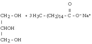 <strong>Palmitic acid is a 16 carbon acid. In a balanced equation, the products of the saponification of glyceryl tripalmitate (tripalmitin) are</strong> A) B) C) D) E)
