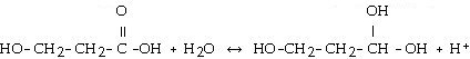 <strong>Which of the following is the reaction for the ionization of β-hydroxypropanoic acid in water?</strong> A) B) C) D) E)