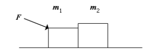 A force of F = 90 N is exerted on mass m<sub>1</sub> as shown.Both m<sub>1</sub> and m<sub>2</sub> accelerate to the right at 3 m/s along the frictionless surface.The force F makes an angle of 25 degrees to the horizontal.If m<sub>2</sub> = 10 kg,calculate the mass m<sub>1</sub>.