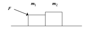 A force of F = 90 N is exerted on mass m<sub>1</sub> as shown.Both m<sub>1</sub> and m<sub>2</sub> accelerate to the right at 3 m/s<sup>2</sup> along the frictionless surface.The force F makes an angle of 25 degrees to the horizontal.Calculate the force that the horizontal surface exerts on mass m<sub>1</sub>.(m<sub>2</sub> = 10 kg)
