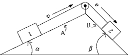 The system in the figure is moving with constant speed v to the right on a stationary ramp.The system will accelerate to the right if