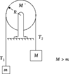 <strong>Two masses M and m (M > m)are hung over a disc (I<sub>dis</sub><sub>c</sub> = M'R<sup>2</sup>)and are released so that they accelerate.If T<sub>1</sub> is the tension in the cord on the left and T<sub>2</sub> is the tension in the cord on the right,then </strong> A)T<sub>1</sub> = T<sub>2 </sub> B)T<sub>2</sub> > T<sub>1 </sub> C)T<sub>2</sub> < T<sub>1 </sub> D)T<sub>2</sub> = Mg E)T<sub>2</sub> = Mg/m