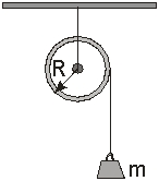 Use the figure on the below to answer the next problem. A mass m = 0.5 kg is hung from a pulley with moment of inertia I = 0.20kg.m<sup>2</sup> and radius R = 10cm. There is friction in the pulley. The mass is dropped from rest, and after 2s it traveled 4m.   -What is the torque due to friction?
