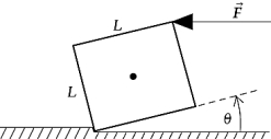 A box rests on a horizontal surface with one edge against a small ridge as shown.If the force is 840 N and the bottom right edge of the box is just slightly off the ground,what is the weight of the box? (Hint: With the right edge slightly off the ground,the forces applied by the floor and the ridge must be at the bottom left corner of the box,and the angle can be taken to be negligibly small.)