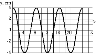 <strong>The graph shows a wave moving from left to right.If the period of this wave motion is 50 ms,the wave is moving with a velocity of </strong> A)40 \pi cm/s B)1.6 \pi m/s C)1.6 m/s D)80 cm/s E)0.40 cm/s