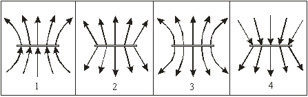A conducting circular disk has a uniform positive surface charge density.Which of the following diagrams best represents the electric field lines from the disk? (The disk is drawn as a cross-section.)