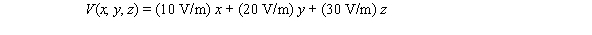 <strong>The electric potential in a region of space is given by The x-component of the electric field in this region is</strong> A)(10 V/m) B)-(10 V/m) C)(20 V/m) D)-(20 V/m) E)-(30 V/m)