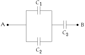 Use the following figure to answer the next problem: -You connect three capacitors as shown in the diagram below.The effective capacitance of this combination when C<sub>1</sub> = 5.0 \mu F,C<sub>2</sub> = 4.0 \mu F,and C<sub>3</sub> = 3.0 \mu F is approximately