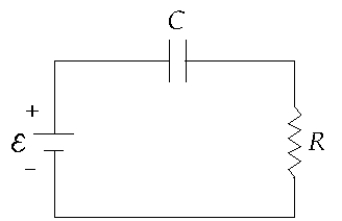 Use the following figures to answer the next problem. -An uncharged capacitor and a resistor are connected in series to a battery as shown. If \varepsilon = 15 V,C = 20 \mu F,and R = 4.0 \times 10<sup>5</sup> \Omega ,the maximum current in the circuit is approximately