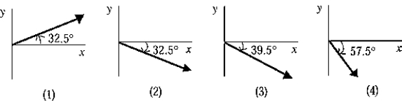 <strong> A velocity vector has an x component of +5.5 m/s and a y component of -3.5 m/s. The diagram that gives the direction of the vector is</strong> A) 1 B) 2 C) 3 D) 4 E) None of these is correct.