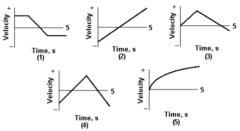 <strong> In which graph is the particle the farthest from the origin at t = 5 s?</strong> A) 1 B) 2 C) 3 D) 4 E) 5