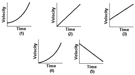 <strong> A car accelerates uniformly from a velocity of 10 km/h to 30 km/h in one minute. Which graph best describes the motion of the car?</strong> A) 1 B) 2 C) 3 D) 4 E) 5
