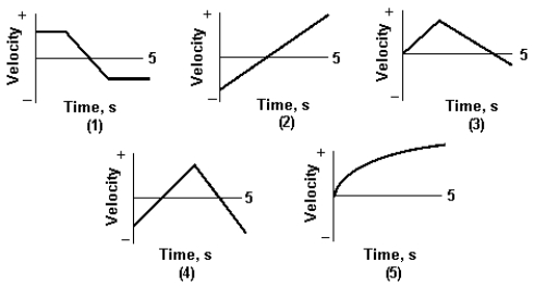 <strong>Use the following to answer question : In which graph does the particle have a constant acceleration for the entire 5 s?</strong> A) 1 B) 2 C) 3 D) 4 E) 5
