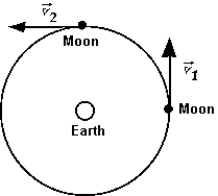<strong> The figure shows the position of the moon at two times, about 7 days apart. Which vector best represents the change in the moon's velocity in this time interval?</strong> A) B) C) D) E)