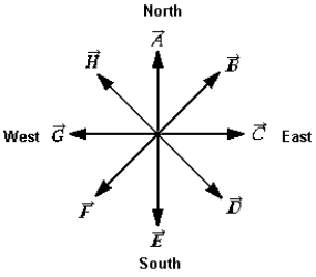 <strong> An automobile is moving toward the east at 50 km/h, and the wind is from the north at 50 km/h. Which vector in the figure represents the wind velocity as observed by a passenger in the car?</strong> A) B) C) D) E)