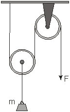 <strong>Use the figure to answer the next question. A light rope runs through two frictionless pulleys of negligible mass. A mass, m, is hung from one of the pulleys and a force, F is applied to one end of the rope so that the mass moves at a constant speed. A car and its occupants, with a total mass m, are moving at a speed v relative to an observer on the side of the road. You are driving in another car, also traveling at speed v, and in the same direction as the first car. The kinetic energy of the first car relative to you is</strong> A) 0 B) mv<sup>2</sup> C) m(2v)<sup>2</sup> D) m (3v)<sup>2</sup> E) depends on the mass of your car