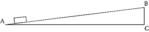<strong> The object in the figure has a mass of 3.45 kg and is pulled up a slope AB, which is 36 m long; the height BC is 3.00 m. There is no friction and the acceleration is constant. The speed v<sub>1</sub> at A is 3.5 m/s whereas the speed v<sub>2</sub> at B is 5.5 m/s. The average power developed by the motor pulling the object is</strong> A) 17 W B) 3.9 W C) 13 W D) 0.13 kW E) 43 W