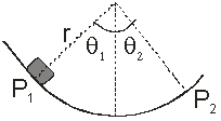 <strong>An object of mass, m, is placed in an arc of a circle of radius, r. The coefficient of kinetic friction between the object and the surface of the arc is \mu <sub>k</sub>. What is the work done by friction in going from P<sub>1</sub> and P<sub>2</sub>? </strong> A) - \mu <sub>k</sub>mg r (cos( \theta <sub>2</sub>)-cos( \theta <sub>1</sub>)) B) - \mu <sub>k</sub>mg r (sin( \theta <sub>2</sub>)-sin( \theta <sub>1</sub>)) C) - \mu <sub>k</sub>mg r cos( \theta <sub>2</sub>) sin( \theta <sub>1</sub>) D) - \mu <sub>k</sub>mg r sin(F \theta <sub>2</sub>)cos( \theta <sub>1</sub>) E) none of the above