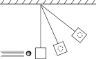 <strong> The figure shows a ballistic pendulum in three states. The system (considered to be the ball and the pendulum) will move in such a way that</strong> A) the kinetic energy is conserved during the collision. B) the linear momentum is conserved after the collision. C) the linear momentum is not conserved during the collision. D) the total mechanical energy is conserved during the collision. E) the total mechanical energy is conserved after the collision.