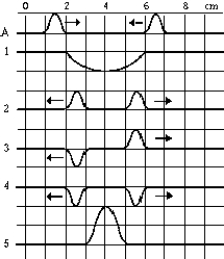 <strong> Sketch A shows two identical pulses traveling in opposite directions along a string, each with a velocity of 1.0 cm/s. After 4.0 s, the string will look like which of the other sketches?</strong> A) 1 B) 2 C) 3 D) 4 E) 5