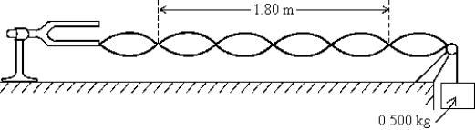 <strong> A string is connected to a tuning fork whose frequency is 80.0 Hz and is held under tension by 0.500 kg. The tuning fork causes the string to vibrate as shown. The mass per unit length for the string is</strong> A) 9.45 \times 10<sup>-4</sup> kg/m B) 6.80 \times 10<sup>-3</sup> kg/m C) 4.34 kg/m D) 6.00 \times 10<sup>-3</sup> kg/m E) 3.85 \times 10<sup>-2</sup> kg/m