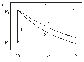 The diagram above show the state of an ideal gas going from (V<sub>1</sub>, P<sub>1</sub>) to a final state. Which path best represents an isothermal expansion?