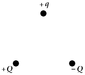 <strong> Three charges +q, +Q, and -Q are placed at the corners of an equilateral triangle as shown. The net force on charge +q due to the other two charges is</strong> A) vertically up. B) vertically down. C) zero. D) horizontal to the left. E) horizontal to the right.