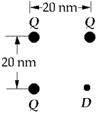 <strong> Three charges, each of Q = 3.2 *10<sup>-19</sup> C, are arranged at three of the corners of a 20-nm square as shown. The magnitude of the electric field at D, the fourth corner of the square, is approximately</strong> A) 1.4 * 10<sup>7</sup> N/C B) 1.0 * 10<sup>11</sup> N/C C) 3.6 *10<sup>10</sup> N/C D) 30 N/C E) 1.8* 10<sup>7</sup> N/C