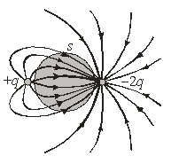 <strong> The figure shows a surface, S, with two charges q and -2q. The net flux through the surface is</strong> A) q/ \isin <sub>0 </sub> B) -2q/ \isin <sub>0 </sub> C) -q/ \isin <sub>0 </sub> D) zero E) None of these is correct.