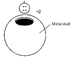 A metal ball of charge +Q is lowered into an insulated, uncharged metal shell and allowed to rest on the bottom of the shell. When the charges reach equilibrium,