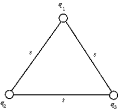 Use the following figure to answer the next problem. -The electrostatic potential energy of the system of point charges q<sub>1</sub> = 1 µC, q<sub>2</sub> = 2 µC, and q<sub>3</sub> = 3 µC at the corners of the equilateral triangle whose side s = 30 cm is