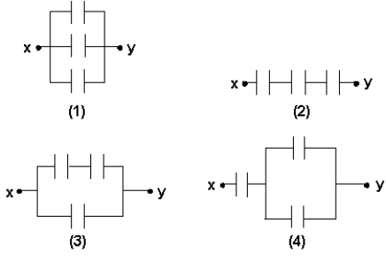 <strong> You want to use three capacitors in a circuit. If each capacitor has a capacitance of 3 pF, the configuration that gives you an equivalent capacitance of 2 pF between points x and y is</strong> A) 1 B) 2 C) 3 D) 4 E) None of these is correct.