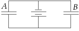 <strong> Two identical capacitors A and B are connected across a battery, as shown. If mica ( \kappa = 5.4) is inserted in B,</strong> A) both capacitors will retain the same charge. B) B will have the larger charge. C) A will have the larger charge. D) the potential difference across B will increase. E) the potential difference across A will increase.