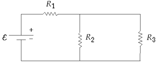 <strong> A comparison of the power losses (P<sub>1</sub>, P<sub>2</sub>, or P<sub>3</sub>) in the resistors of the circuit in the diagram shows that, if R<sub>1</sub> = R<sub>2</sub> = R<sub>3</sub>,</strong> A) 4P<sub>1</sub> = P<sub>2</sub> = P<sub>3 </sub> B) P<sub>1</sub> = 2P<sub>2</sub> + 2P<sub>3 </sub> C) P<sub>1</sub> = P<sub>2</sub> = P<sub>3 </sub> D) P<sub>1</sub> = (1/2)P<sub>2</sub> = (1/2)P<sub>3 </sub> E) P<sub>1</sub> = P<sub>2</sub> + P<sub>3 </sub>