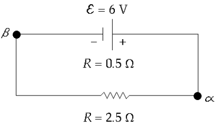 <strong> The circuit in the figure contains a battery and a resistor in series. Which of the following statements is not true?</strong> A) The current in the circuit is 2 A. B) Point \alpha is at a higher potential than point \beta , and V <sub> \alpha\beta </sub> = 5 V. C) The battery is supplying energy to the circuit at the rate of 6 W. D) The rate of heating in the external resistor is 10 W. E) The battery is being discharged.