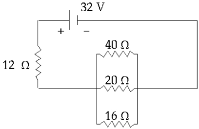 <strong> In this circuit, the current I through the battery is approximately</strong> A) 1.7 A B) 4.4 A C) 0.36 A D) 0.60 A E) 3.4 A