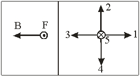 <strong> The left diagram shows a force F on a negatively charged particle moving a magnetic field B. Using the right diagram, the direction of the velocity of the particle is</strong> A) 1 B) 2 C) 3 D) 4 E) 5
