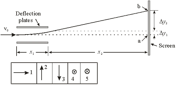 <strong>Use the diagram for the next three problems. Electrons traveling at a speed of v<sub>0</sub> = 3 * 10<sup>7</sup> m/s pass through the deflection plates. The electric field between the plates is E = 5000 V/m and spans a distance of x<sub>1</sub> = 5 cm. The electrons then travel a further distance of x<sub>2</sub> = 40 cm along the x-axis. -With the magnetic field turned off, the total deflection in the y direction is</strong> A) 1.22 * 10<sup>-3</sup> m B) 1.95 * 10<sup>-</sup><sup>2</sup> m C) 2.07 * 10<sup>-2</sup> m D) 9.50 * 10<sup>-3</sup> m E) 1.38 * 10<sup>-</sup><sup>2</sup> m