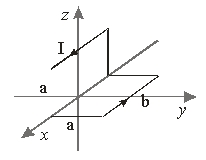 <strong> A rectangle is bent on two sides at 90 \degree so that one end lies along the xy plane while the other end lies along the xz plane. The length of each bent portion is illustrated on the Figure. A current I flows through the loop. The magnetic dipole of the rectangle is</strong> A) B) C) D) E) None of these is correct.