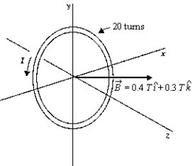 <strong> A circular 20-turn coil with a radius of 10 cm carries a current of 3 A. It lies in the xy plane in a uniform magnetic field = 0.4 T + 0.3 T . The coil rotates so that its magnetic moment, \mu , is aligned with the magnetic field. The potential energy of the system when the coil's magnetic moment is aligned with the field is</strong> A) 0.282 J B) -0.461 J C) 0.461 J D) -0.282 J E) -0.564 J
